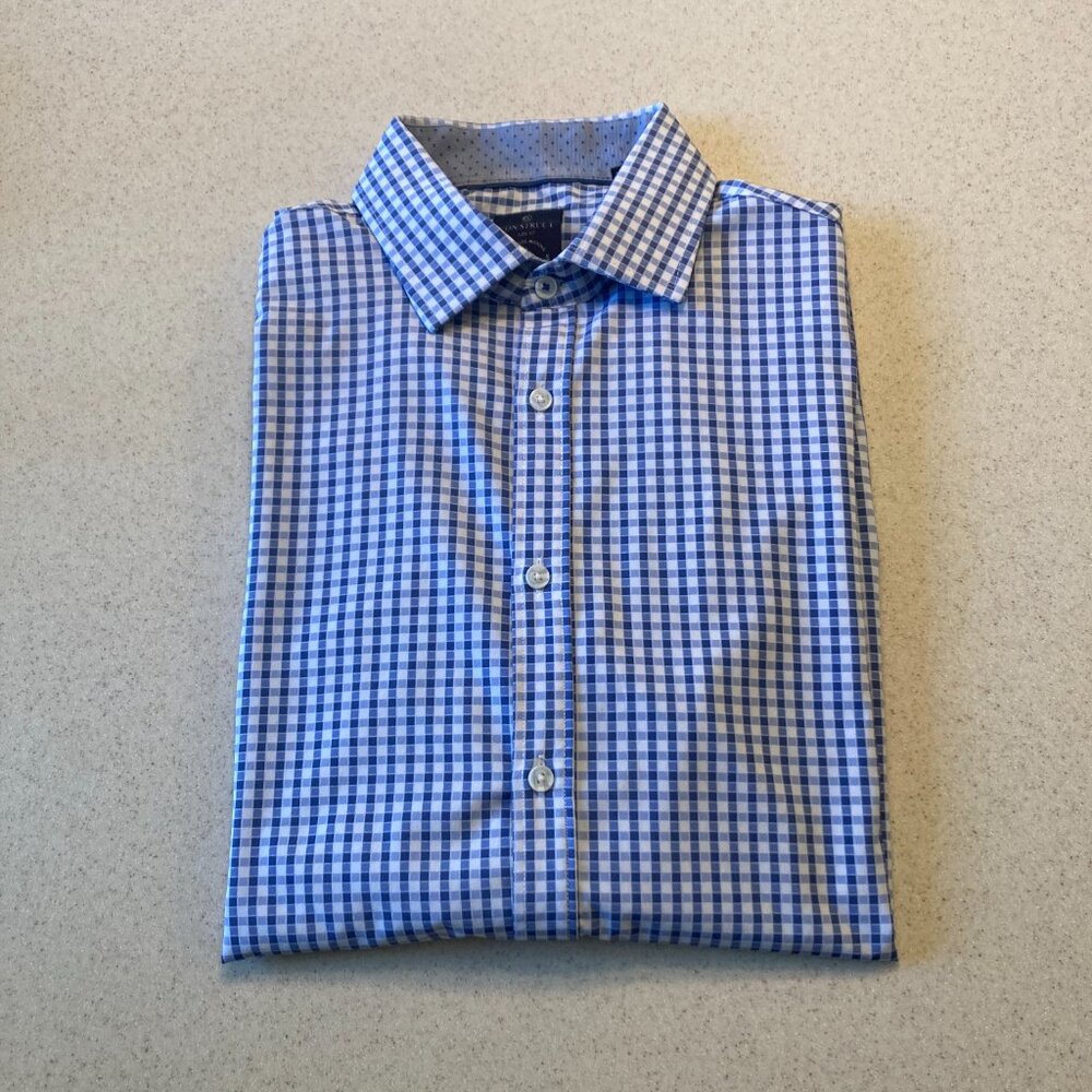 Construct Blue and White Gingham Mens Shirt Size 17/34-35 Slim Fit 4 Way Stretch